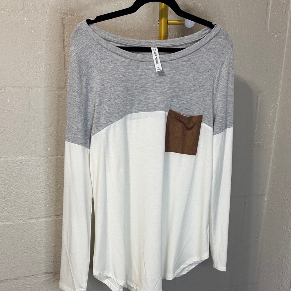Zenana Outfitters Gray, White & Brown Color Block Long Sleeve Tee